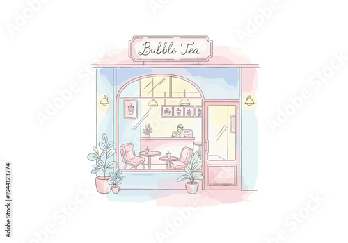 Charming bubble tea shop storefront with pastel colors and inviting interior seating