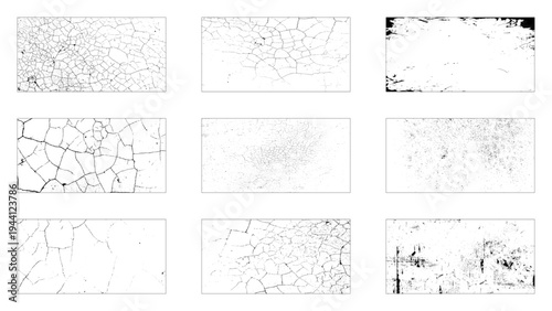 Set of cracks overlay textured. Distressed black texture. Dark grainy texture on white background. Grain noise particles. Rusted white effect. Grunge design elements. Vector illustration