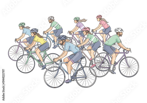 Diverse group of cyclists in a race, showcasing teamwork and individual effort on a bright day