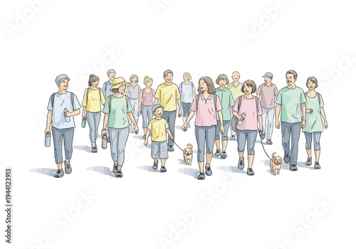 Diverse group of people and dogs walking together on a sunny day