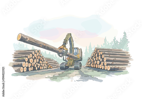 Heavy machinery grapples a large log amidst stacks of timber at a lumber yard