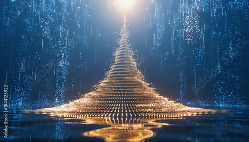 Glowing digital gold staircase rising to success, shining bright in futuristic virtual reality environment with binary code background