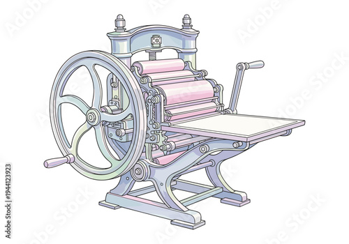Vintage printing press machine with large wheel and rollers, isolated on white background