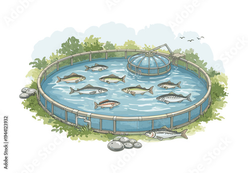 Circular fish farm with multiple species of fish swimming in clear water