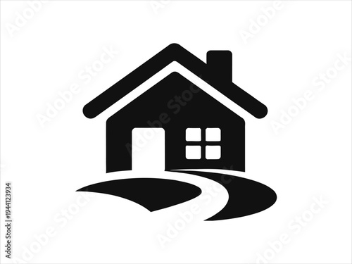 Minimalist house silhouette icon with an inviting path, symbolizing home ownership