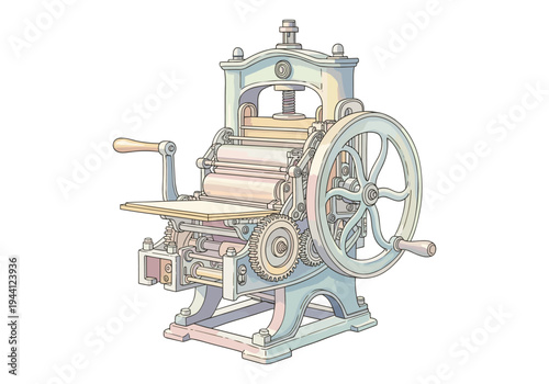 Vintage printing press machine with intricate gears and a large flywheel, isolated on white