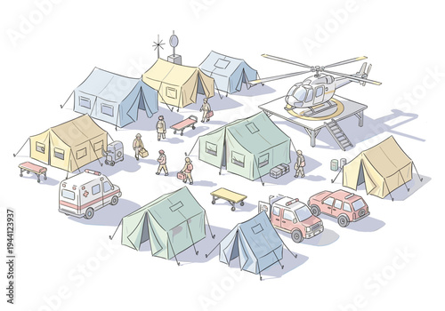 Emergency response camp with tents, ambulance, helicopter, and personnel