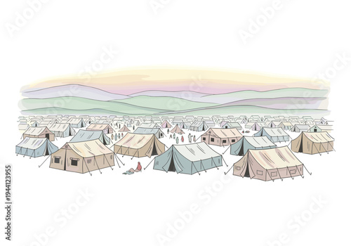 Vast refugee camp with rows of tents stretching to the horizon under a colorful sky