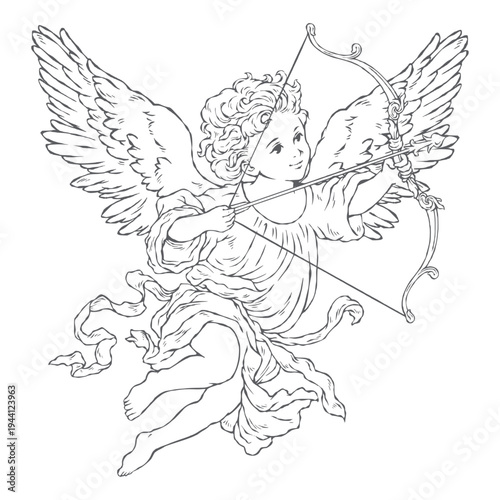 Vintage hand drawn cupid illustration in charcoal gray, detailed engraving sketch of angel with bow and arrow for Valentine and romantic design isolated