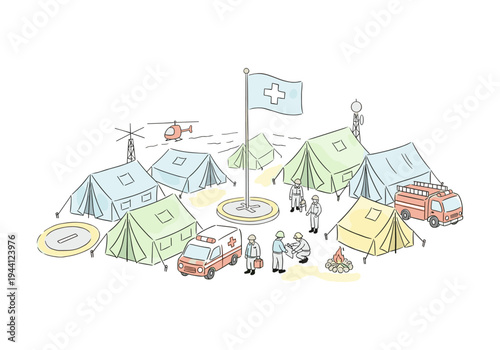 Emergency relief camp with medical services, helicopter, ambulance, and fire truck