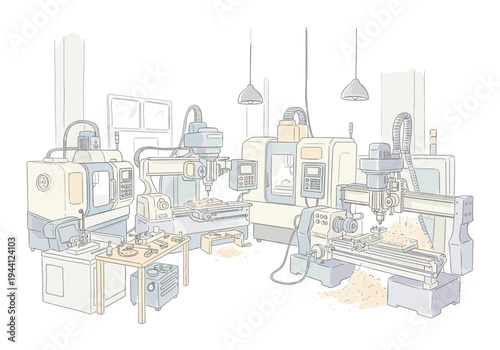 Modern manufacturing workshop with advanced CNC machines and equipment for precision engineering