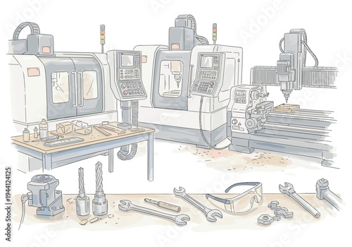 Modern manufacturing workshop with CNC machines, tools, and safety equipment
