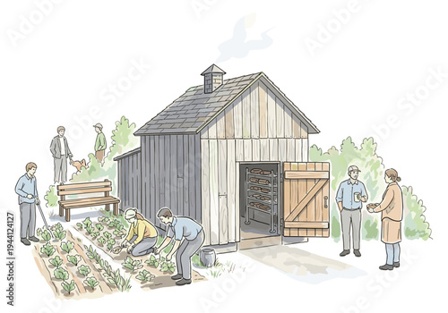 Community garden harvest and bread baking in a rustic shed with people interacting