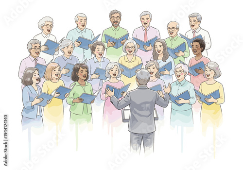 Diverse group of seniors joyfully singing in a choir with a conductor leading them