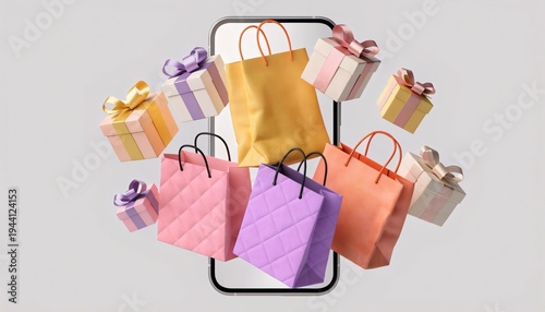 Colorful shopping bags and gift boxes emerging from smartphone screen on gray background, symbolizing online shopping and e-commerce