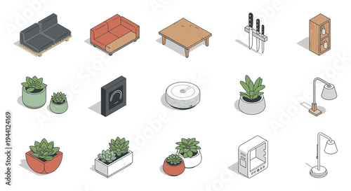 isometric home furniture smart devices plants and decor illustrations for modern interior design and technology concepts.