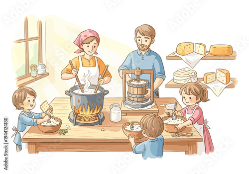 Family happily making cheese together in a cozy kitchen with fresh ingredients and dairy products