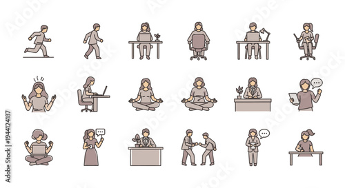 office workers engaged in various activities like running working meditating and communicating depicting modern workplace balance