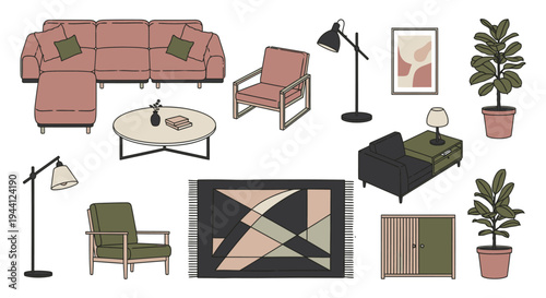 modern living room furniture and decor collection showcasing stylish sofas armchairs lamps and plants for interior design.