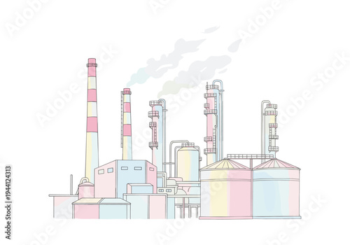 Industrial factory with smokestacks and storage tanks emitting steam against a white background