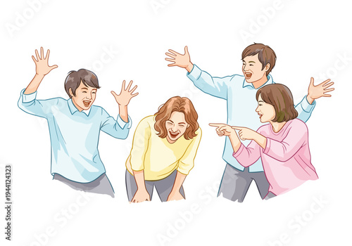 Group of friends laughing and pointing at something funny together