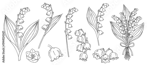 スズランの春の花ボタニカルイラスト線画セット,手書き風,花束,鈴蘭,結婚式・ウェディング装飾素材