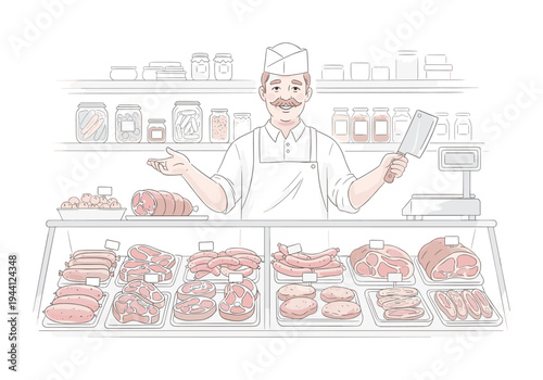 Friendly butcher with mustache holding cleaver in front of display case full of meat