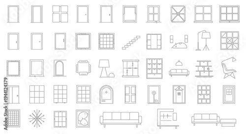 architectural elements and furniture line art icons for interior design and home renovation projects.