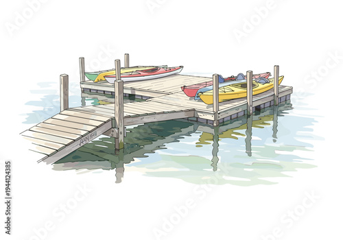 Wooden dock with colorful kayaks ready for paddling on calm water