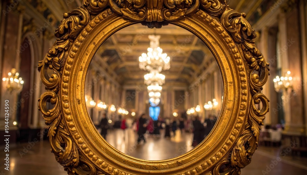 Obraz premium Ornate gilded mirror reflecting a grand ballroom with chandeliers and people