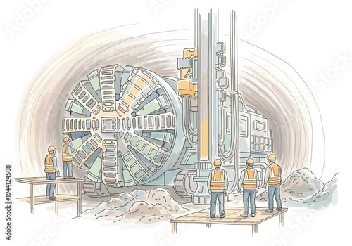 Tunnel boring machine and construction workers in a tunnel construction site