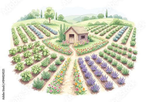 Watercolor illustration of a charming garden with neat rows of herbs, flowers, and a small wooden shed