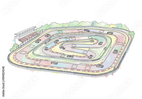 Colorful cartoon illustration of a go-kart track with multiple karts racing around