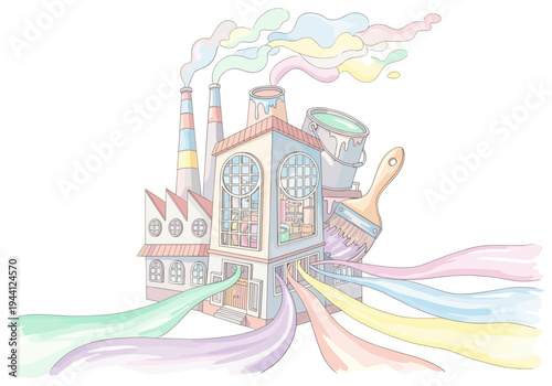 Creative paint factory producing colorful streams of paint and smoke from chimneys