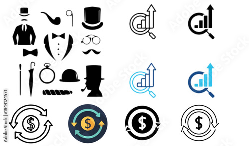 A collection of business and finance icons in a flat design style