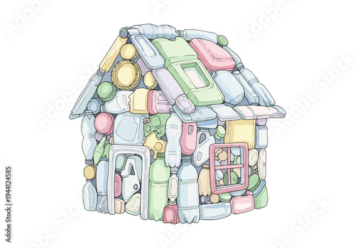 Illustration of a house constructed entirely from recycled plastic bottles and containers