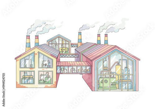 Colorful cartoon factory with smoking chimneys and visible machinery inside glass walls