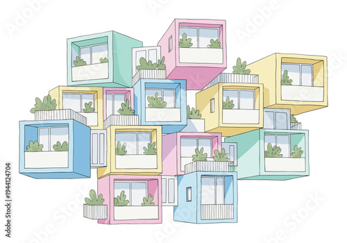 Whimsical stacked modular homes with balconies and plants in pastel colors
