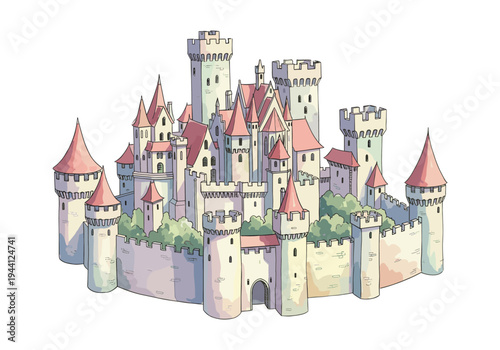 Whimsical cartoon castle with multiple towers and pink roofs, set against a white background
