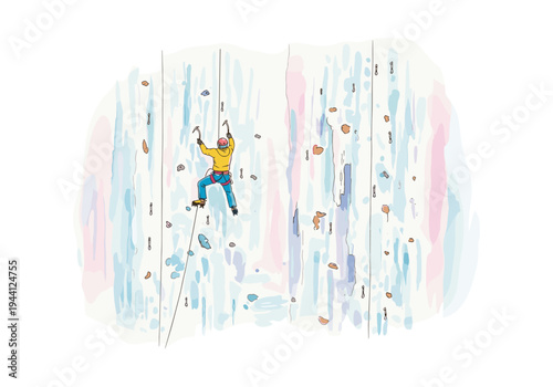 Person ice climbing up a frozen waterfall with colorful pastel streaks and climbing holds
