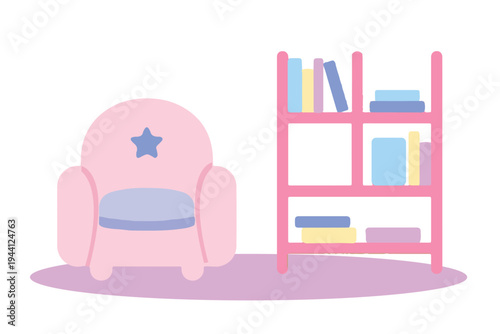 Pink Armchair with Star Detail and Bookshelf Set, Girly Room Interior Elements Flat Vector Illustration