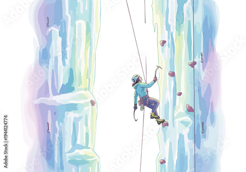 Woman ice climbing a frozen waterfall with ice axes and crampons, wearing helmet and harness