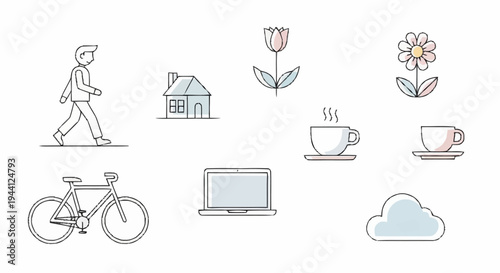 Collection of simple line art icons representing daily life activities and objects.