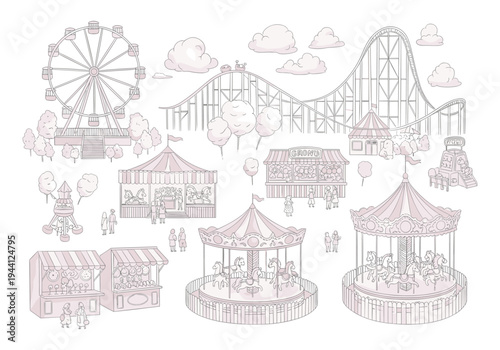 Whimsical amusement park scene with rides, game stalls, and cotton candy