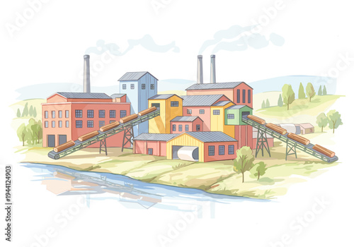 Illustration of a lumber mill processing logs on conveyor belts by a river