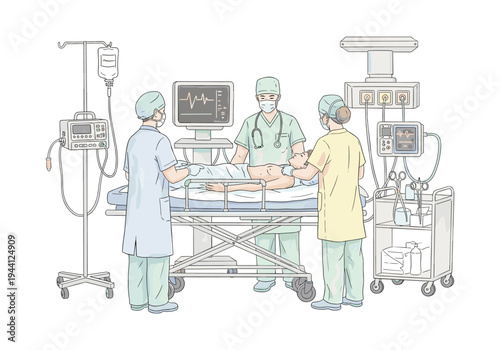 Medical team in surgical attire attending to a patient on a gurney with monitoring equipment