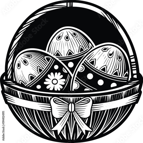 Decorative Easter basket with patterned eggs and ribbon bow, black and white hand-drawn woodcut style vector illustration for spring holiday celebration.