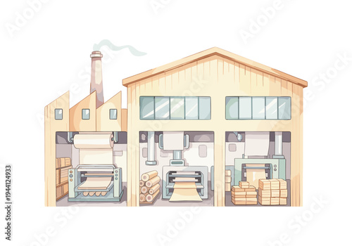 Cartoon illustration of a paper mill factory with machinery and raw materials