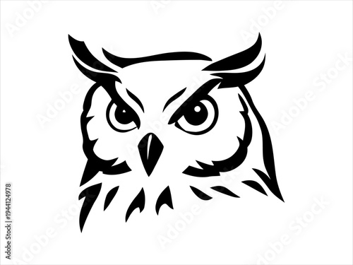 Black and white owl head illustration with sharp eyes