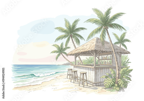 Tropical beach bar with palm trees and ocean waves, a serene vacation paradise